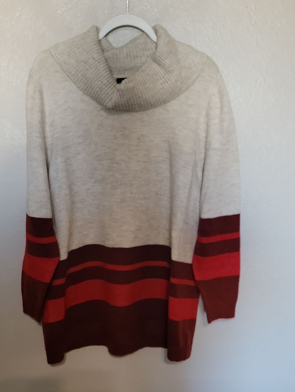 Lane Bryant Cream Cowl-Neck Sweater with Red Stripes